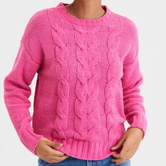 American Eagle Outfitters Sweaters - American Eagle AE Chenille Cable Knit Sweater Plush Long Sleeve Pullover Pink S